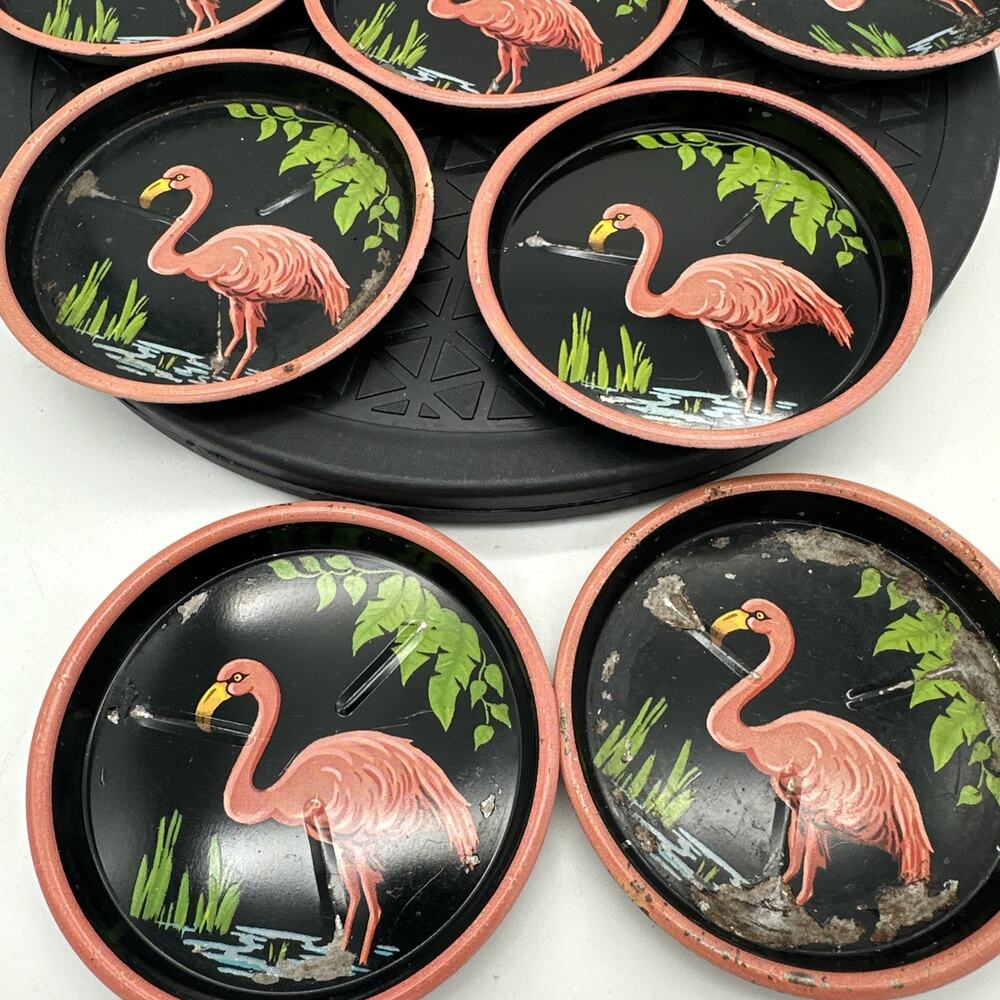 Vintage MCM 8 Pc Pink Flamingo Coaster Set - Picture 3 of 6
